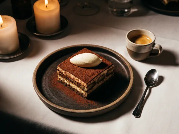 Tiramisu with espresso by candlelight