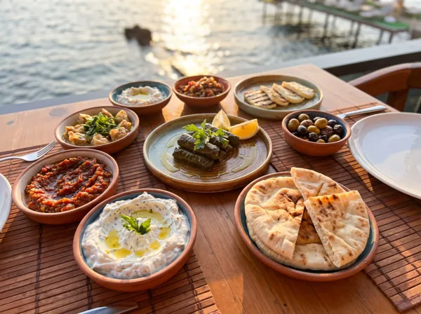 Turkish meze spread laid out on the terrace